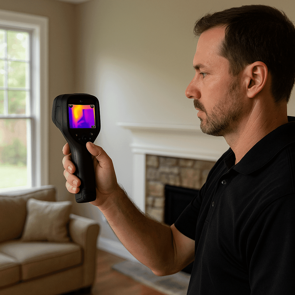 Certified home inspector with thermal camera identifying moisture in a Keller, TX living room wall.