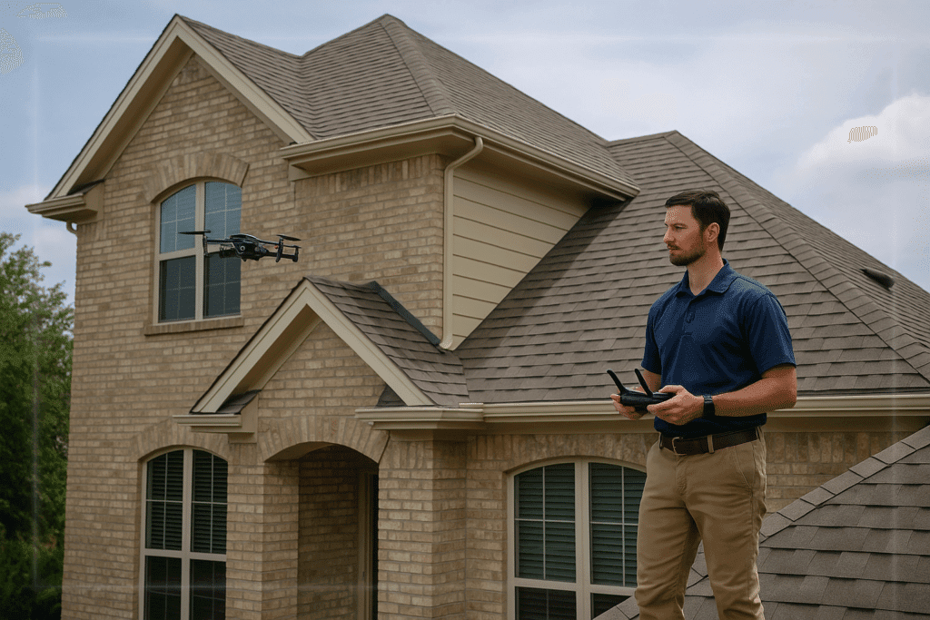 Home inspector on a Keller, TX roof using a drone for detailed inspection.