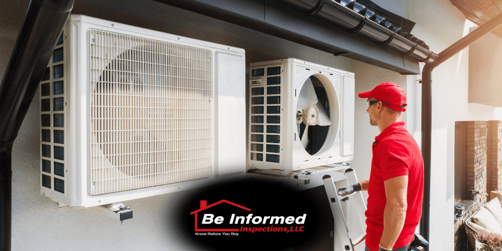 HVAC System Inspection Exterior – Be Informed Inspections Texas Be Informed Inspections technician inspecting exterior HVAC unit at residential home