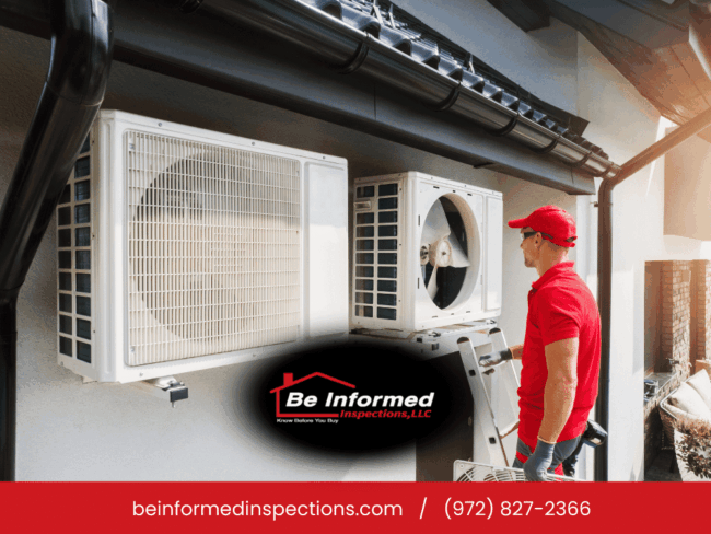 Be Informed Inspections technician inspecting exterior HVAC unit at residential home