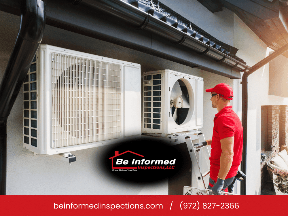 Be Informed Inspections technician inspecting exterior HVAC unit at residential home