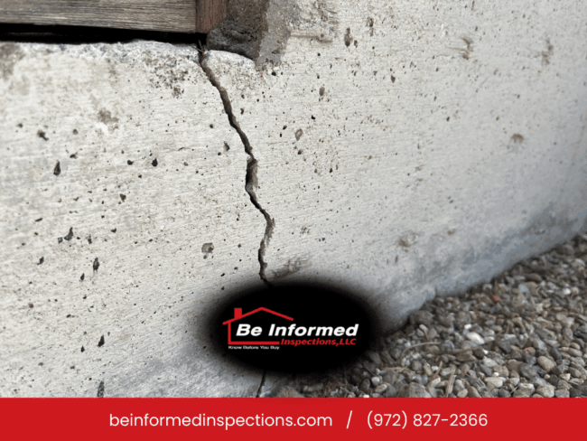 Foundation crack observed during a home inspection in Dallas, TX by Be Informed Inspections