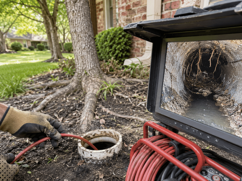 Sewer scope inspection showing tree roots and buildup inside a residential sewer line in Little Elm TX