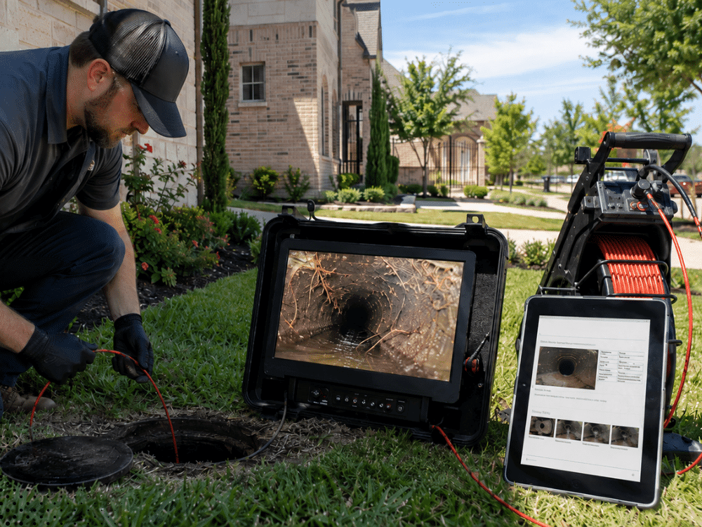 Home inspector performing a sewer scope inspection with camera equipment at a home in Little Elm TX