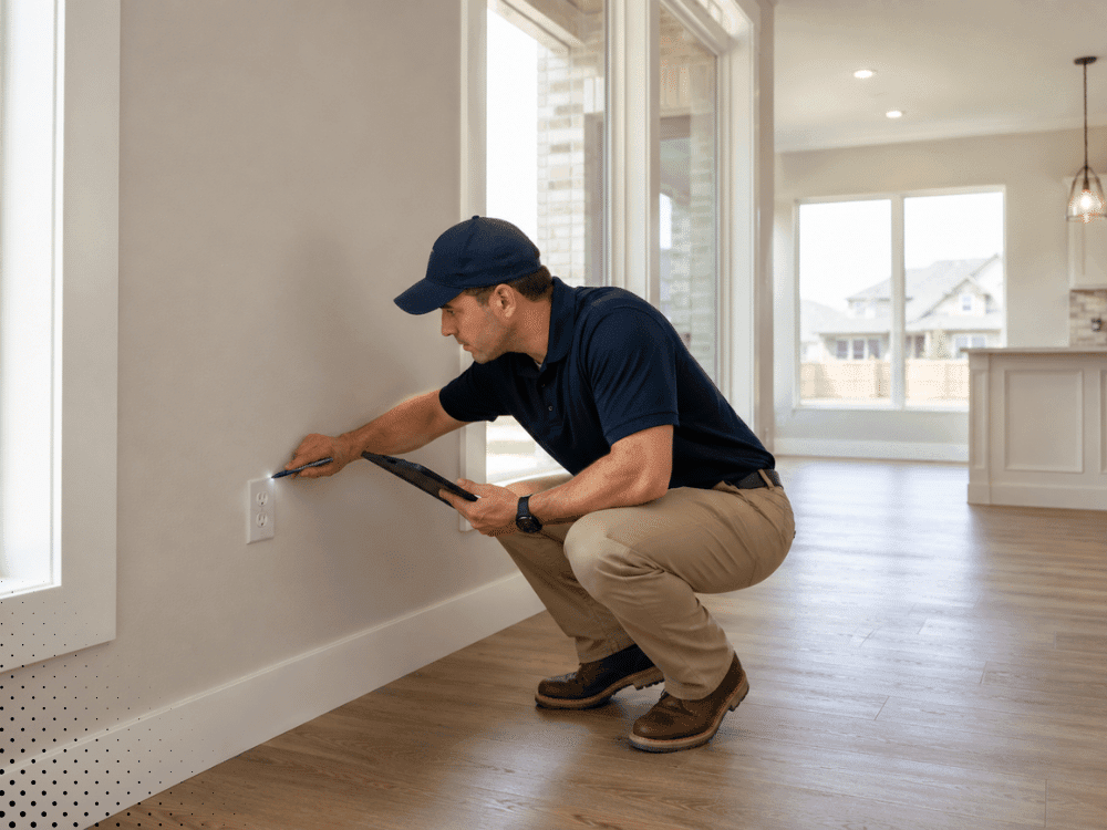 Home inspector performing a detailed inspection inside a new home in Little Elm, TX