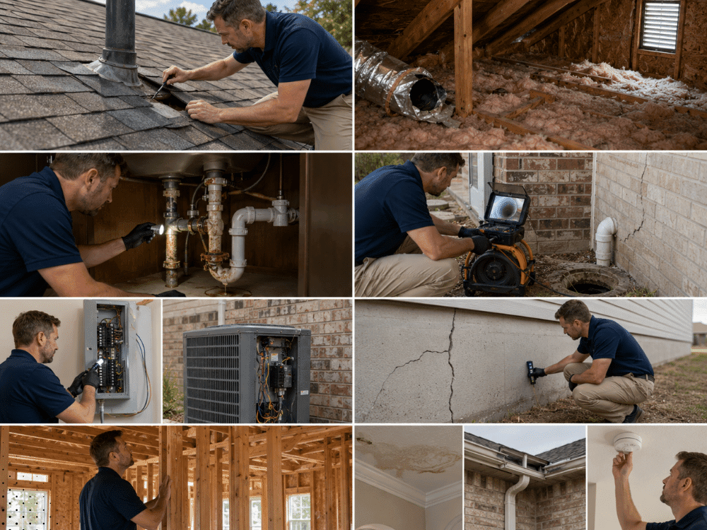 Home inspection issues including roof, attic, plumbing, sewer scope, electrical, HVAC, and foundation concerns in Little Elm, TX