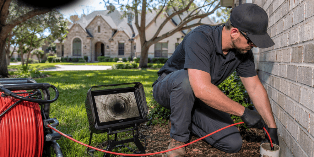 Main Image Be Informed Inspections performing a sewer scope inspection at a residential property in Little Elm TX