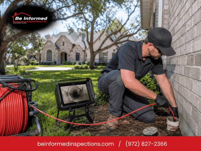Be Informed Inspections performing a sewer scope inspection at a residential property in Little Elm TX