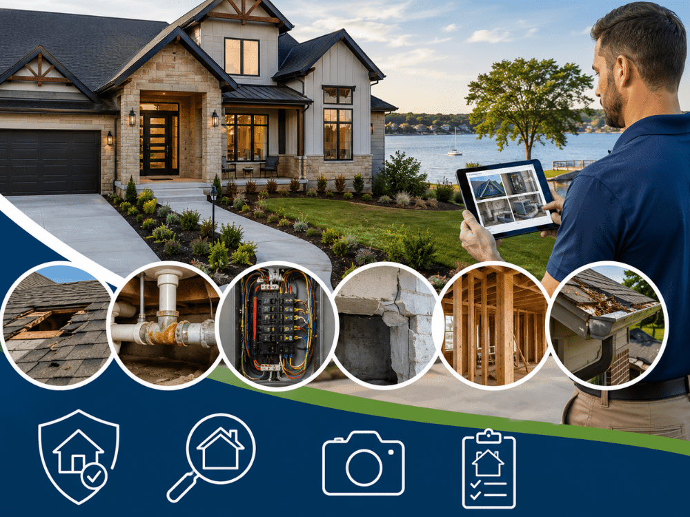 Home inspector reviewing inspection findings for a lakefront home in Little Elm, TX