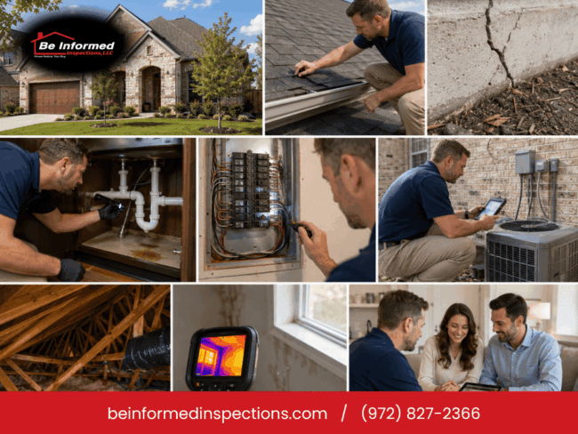 Be Informed Inspections evaluating roof, plumbing, electrical, HVAC, attic, foundation, and moisture concerns in Little Elm, TX