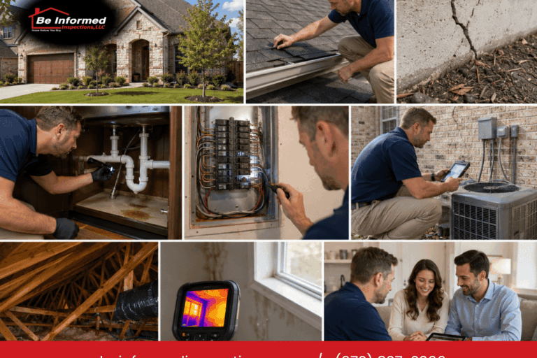 Be Informed Inspections evaluating roof, plumbing, electrical, HVAC, attic, foundation, and moisture concerns in Little Elm, TX