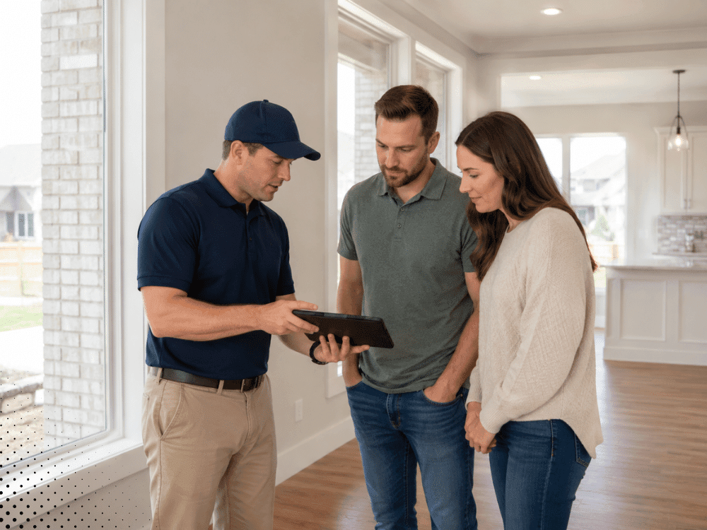 Home inspector pointing out inspection issues to homeowners inside a new home in Little Elm, TX