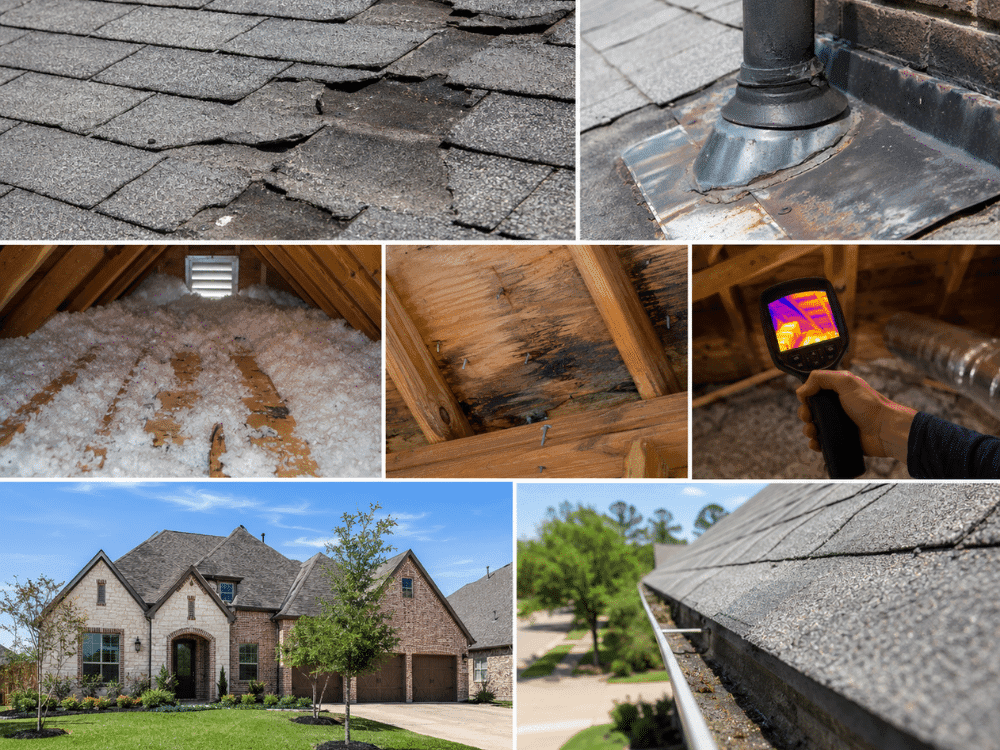 Home inspector examining roof shingles, attic insulation, and roof vent flashing during a home inspection in Little Elm, TX