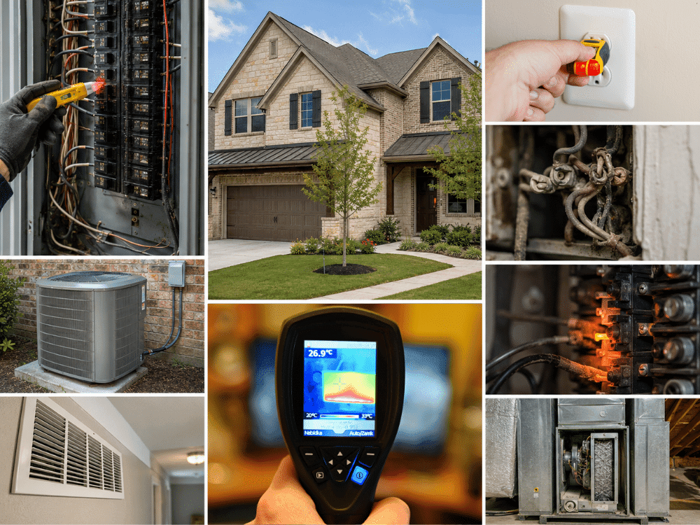Home inspector evaluating electrical panels and HVAC equipment during a home inspection in Little Elm, TX.