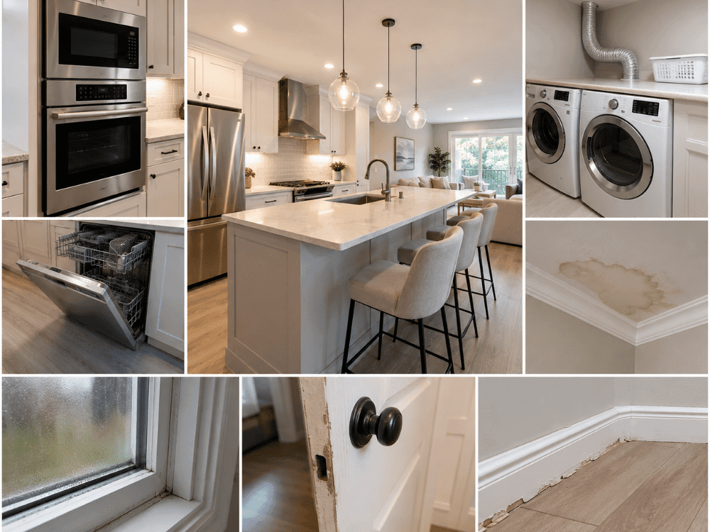 Home inspector checking kitchen appliances, laundry area, and interior home systems in Little Elm, TX