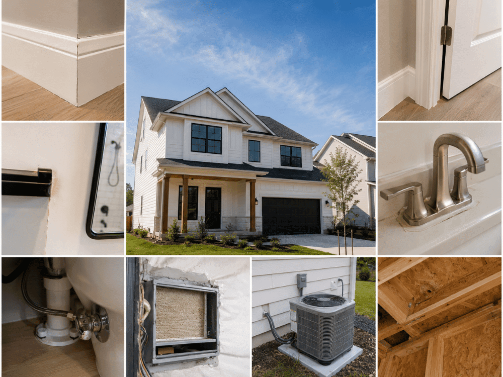 Inspector reviewing new construction framing and warranty-related components during a home inspection in Little Elm, TX