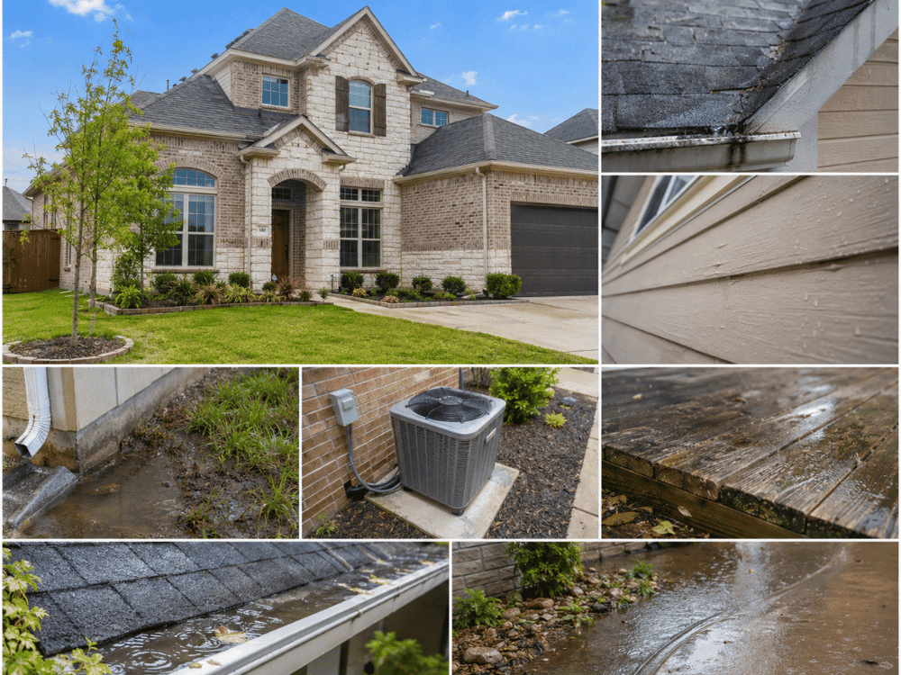 Home inspector evaluating seasonal maintenance items like gutters, grading, and exterior drainage in Little Elm, TX