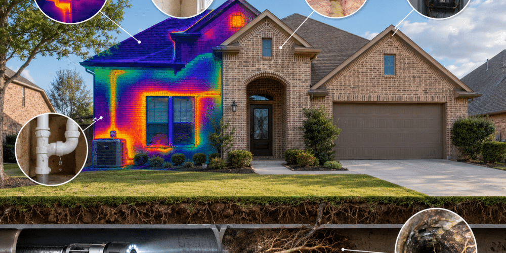 Thermal imaging and sewer scope inspection technology used to evaluate a Little Elm TX home for moisture, electrical, insulation, and plumbing issues