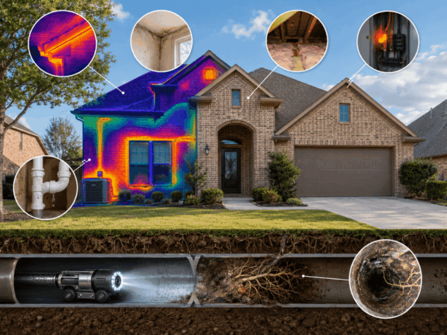 Thermal imaging and sewer scope inspection technology used to evaluate a Little Elm TX home for moisture, electrical, insulation, and plumbing issues