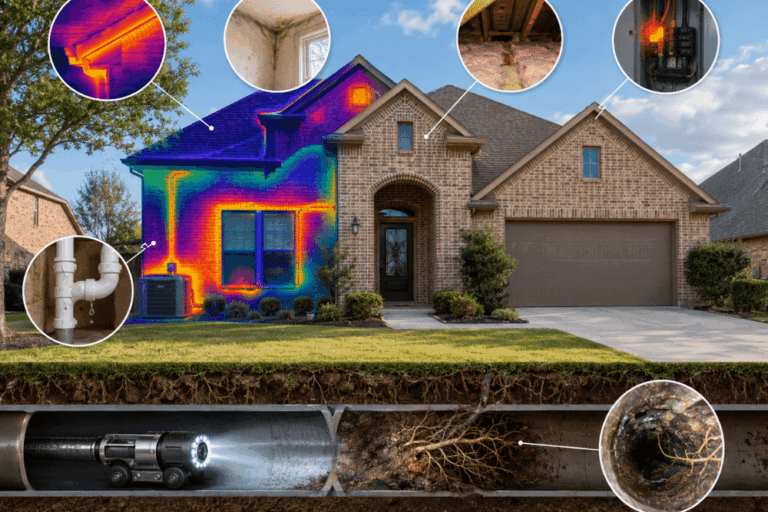 Thermal imaging and sewer scope inspection technology used to evaluate a Little Elm TX home for moisture, electrical, insulation, and plumbing issues