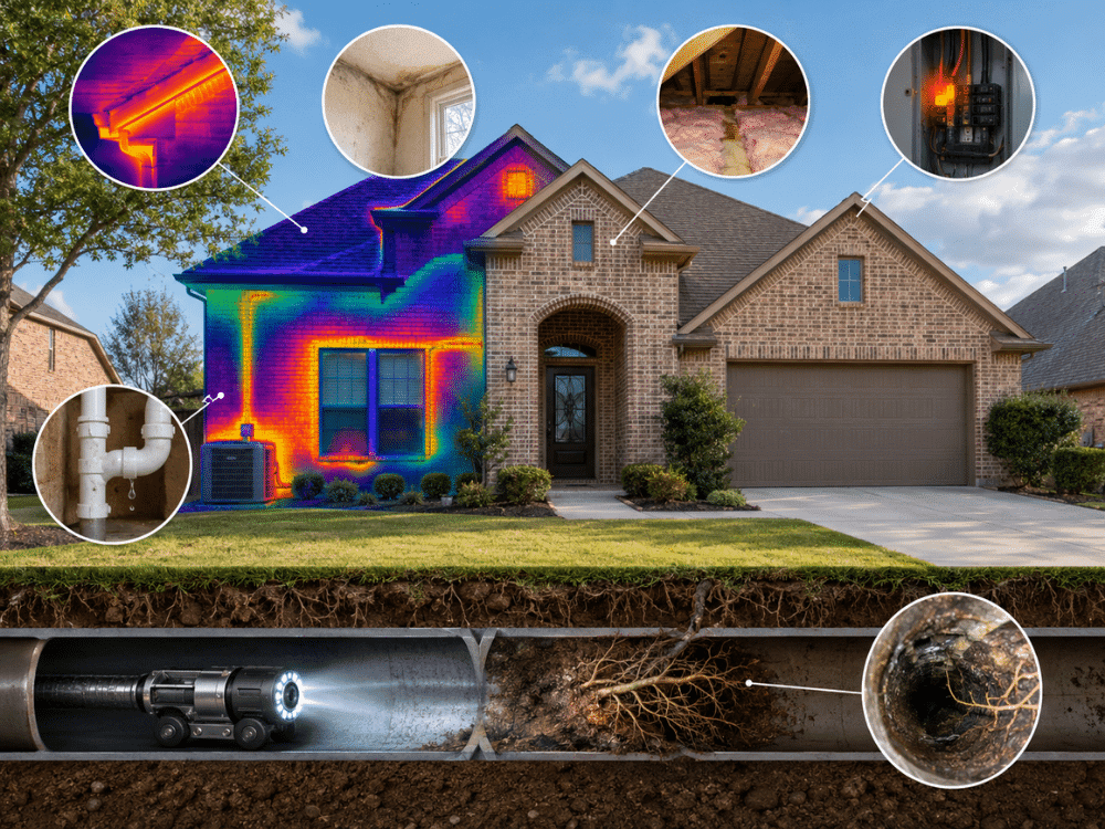 Thermal imaging and sewer scope inspection technology used to evaluate a Little Elm TX home for moisture, electrical, insulation, and plumbing issues