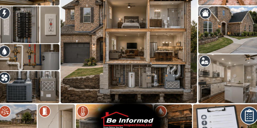 Detailed cutaway view of a home inspection showing roof, attic, HVAC, plumbing, and electrical systems in a Dallas-Fort Worth property