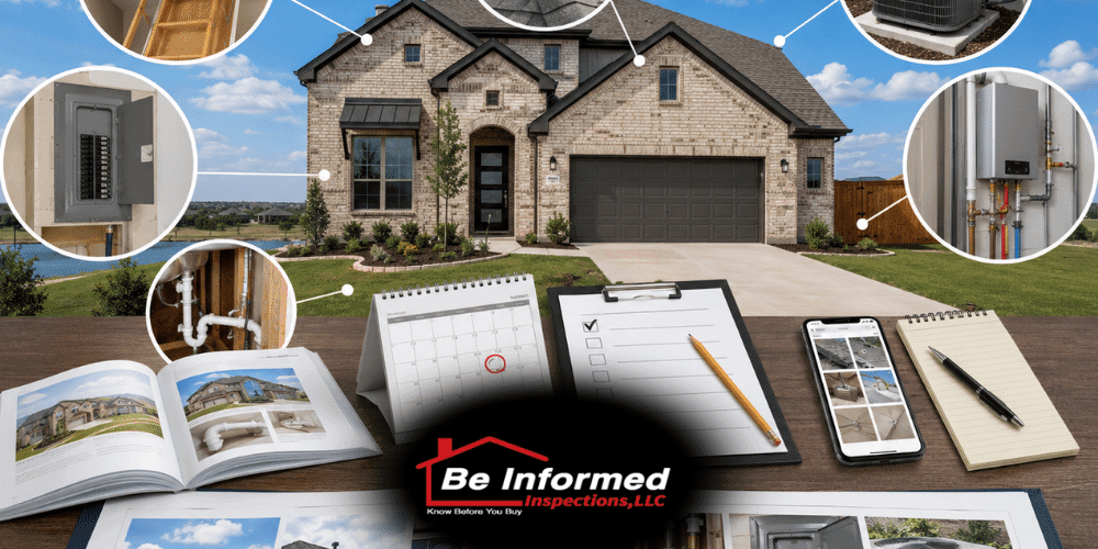 Exterior of a modern Little Elm, TX home with roof, attic, HVAC, and plumbing highlighted for builder warranty inspection