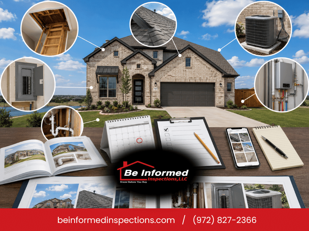 Exterior of a modern Little Elm, TX home with roof, attic, HVAC, and plumbing highlighted for builder warranty inspection
