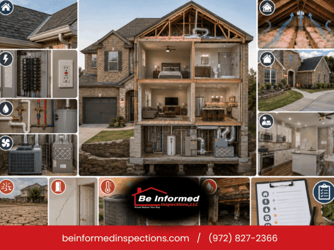 Detailed cutaway view of a home inspection showing roof, attic, HVAC, plumbing, and electrical systems in a Dallas-Fort Worth property