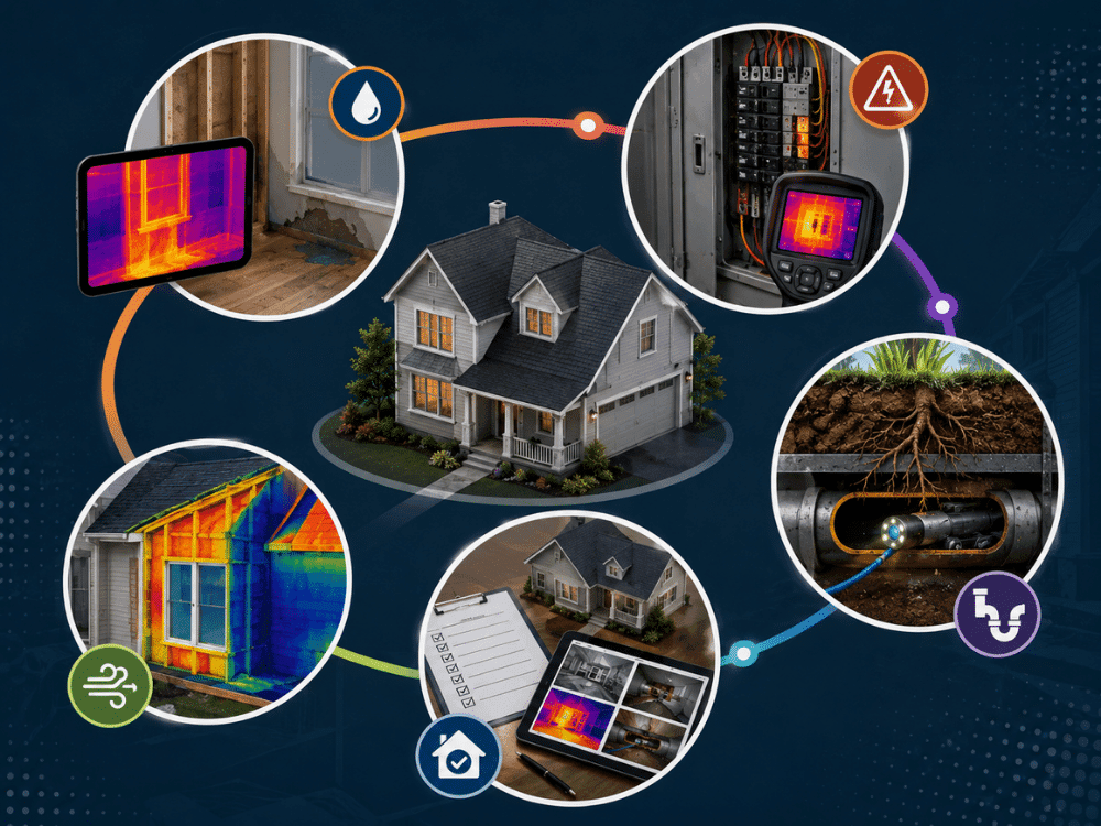 Home inspection technology showing thermal imaging, sewer camera inspection, and property evaluation services for Little Elm homeowners