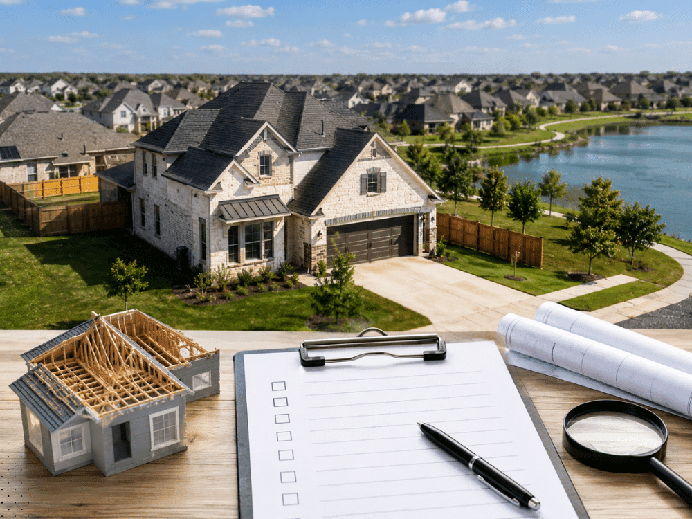 Aerial view of a Little Elm, TX neighborhood showing new homes, landscaping, and residential layout for home inspections