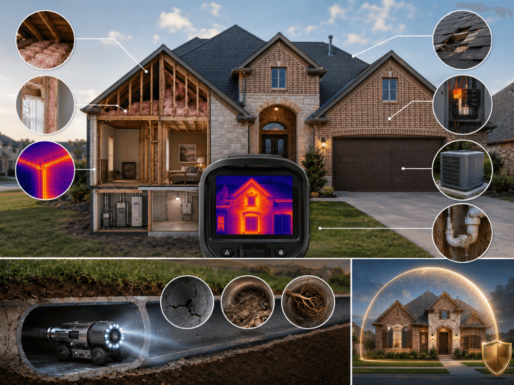 Thermal imaging inspection and sewer scope camera evaluation showing potential home issues including insulation gaps, electrical concerns, and pipe damage in Little Elm TX