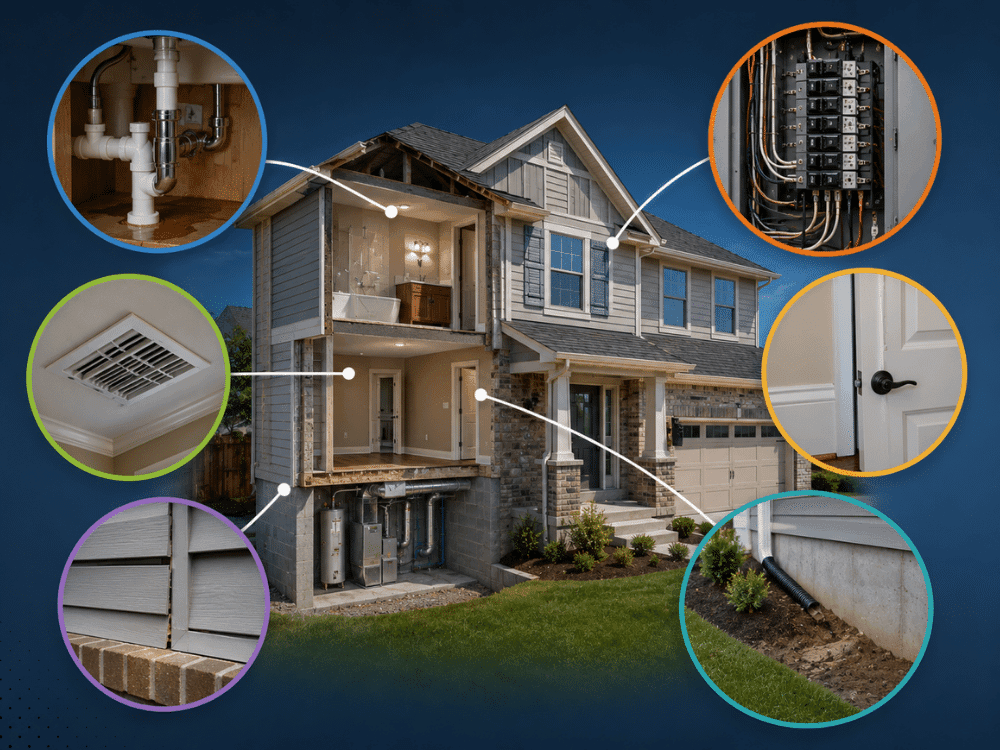 Interior and exterior inspection highlights in a Little Elm, TX home showing HVAC, plumbing, and electrical systems during professional inspection