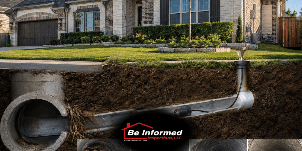 Sewer scope inspection showing residential sewer line conditions, underground pipes, and potential root intrusion issues in a North Texas home