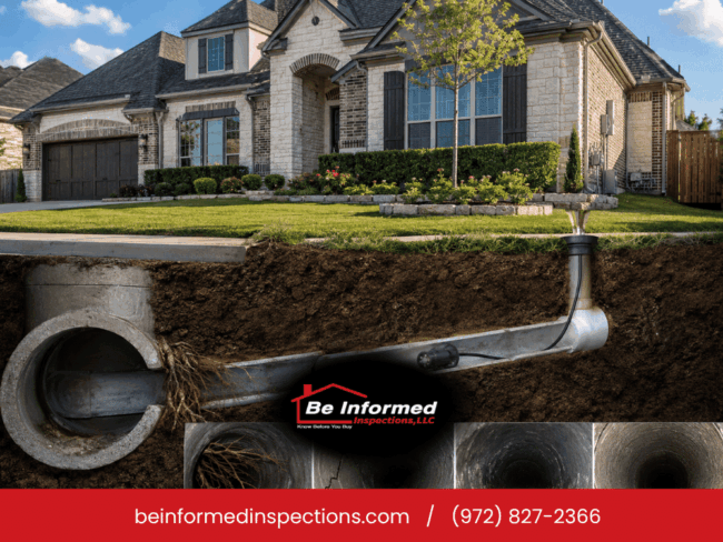 Sewer scope inspection showing residential sewer line conditions, underground pipes, and potential root intrusion issues in a North Texas home