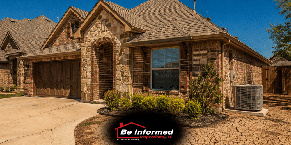 North Texas home inspection showing a residential property exterior with dry clay soil conditions and HVAC equipment during a summer home inspection