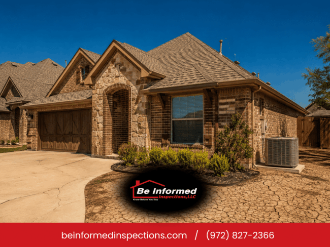 North Texas home inspection showing a residential property exterior with dry clay soil conditions and HVAC equipment during a summer home inspection