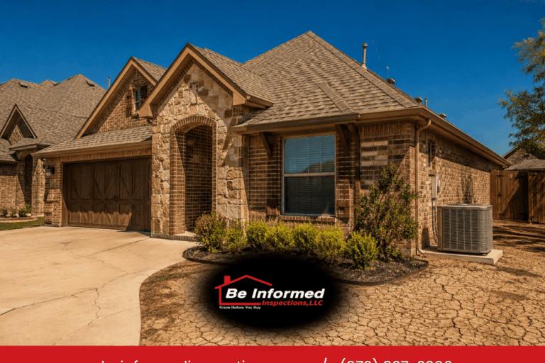North Texas home inspection showing a residential property exterior with dry clay soil conditions and HVAC equipment during a summer home inspection