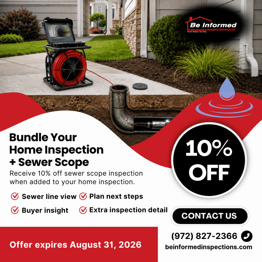 Be Informed Inspections promotion offering 10% off a sewer scope when bundled with a home inspection through August 31, 2026.