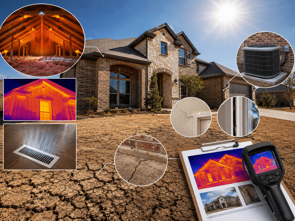 Thermal imaging home inspection in North Texas showing HVAC performance, attic conditions, foundation areas, and exterior components during extreme summer heat