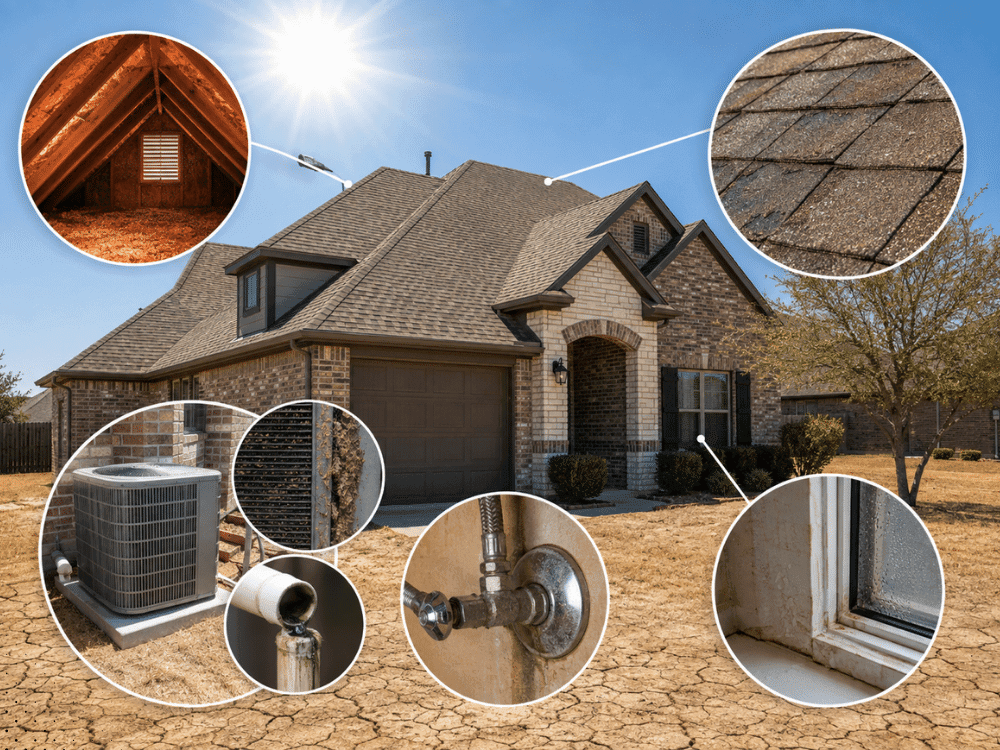 Home inspector evaluating North Texas home conditions including attic ventilation, roof materials, HVAC system, plumbing connections, and moisture areas