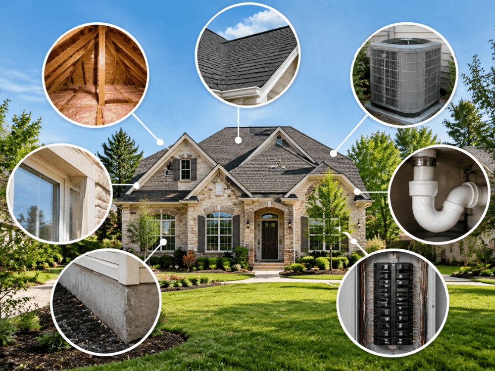 Pre-listing home inspection overview showing roof, attic, HVAC, plumbing, foundation, and electrical components evaluated in a Dallas Fort Worth home